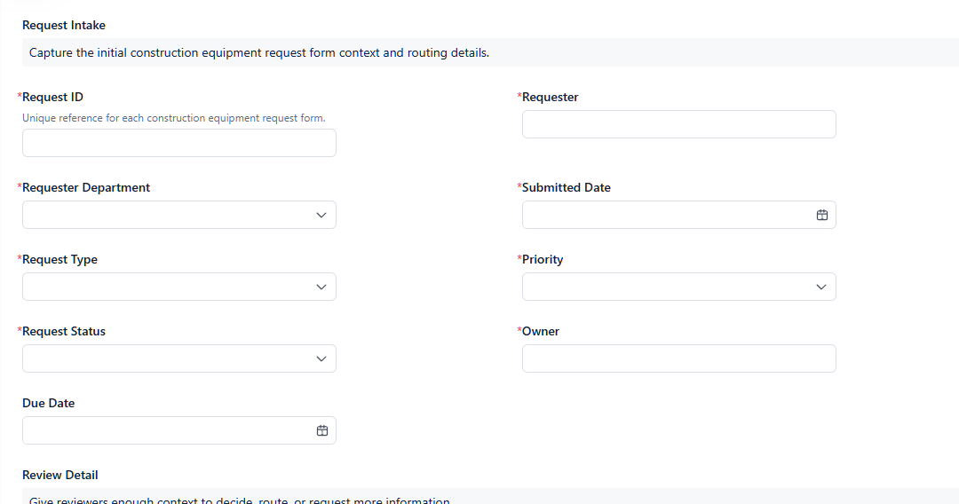 Construction Equipment Request Form | Intake, Routing & Status