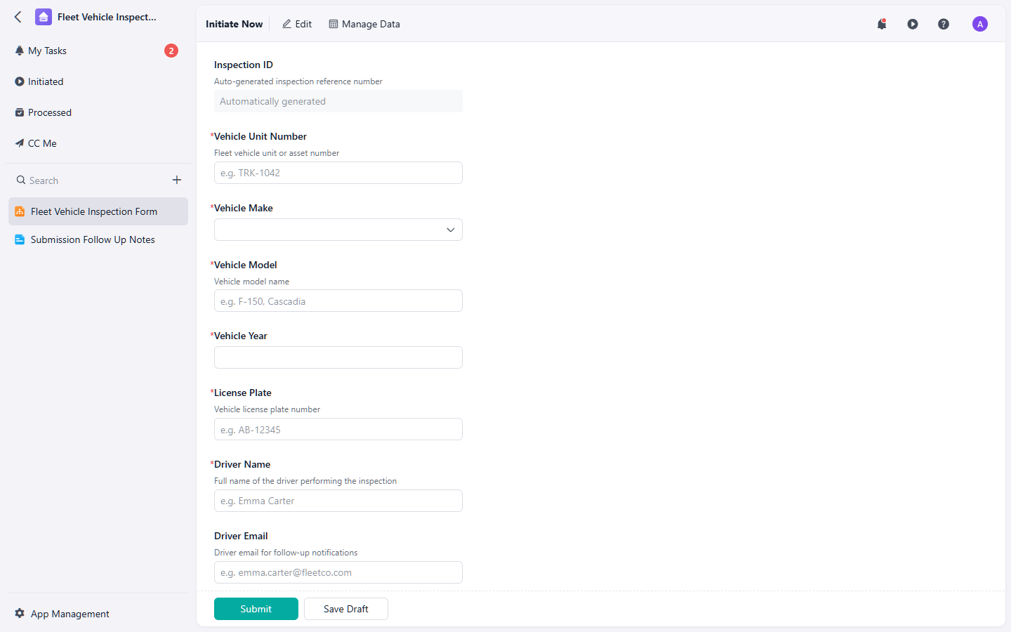 Vehicle Intake Form Example Fleet Vehicle Inspection Form Template | Online Intake & Tracking