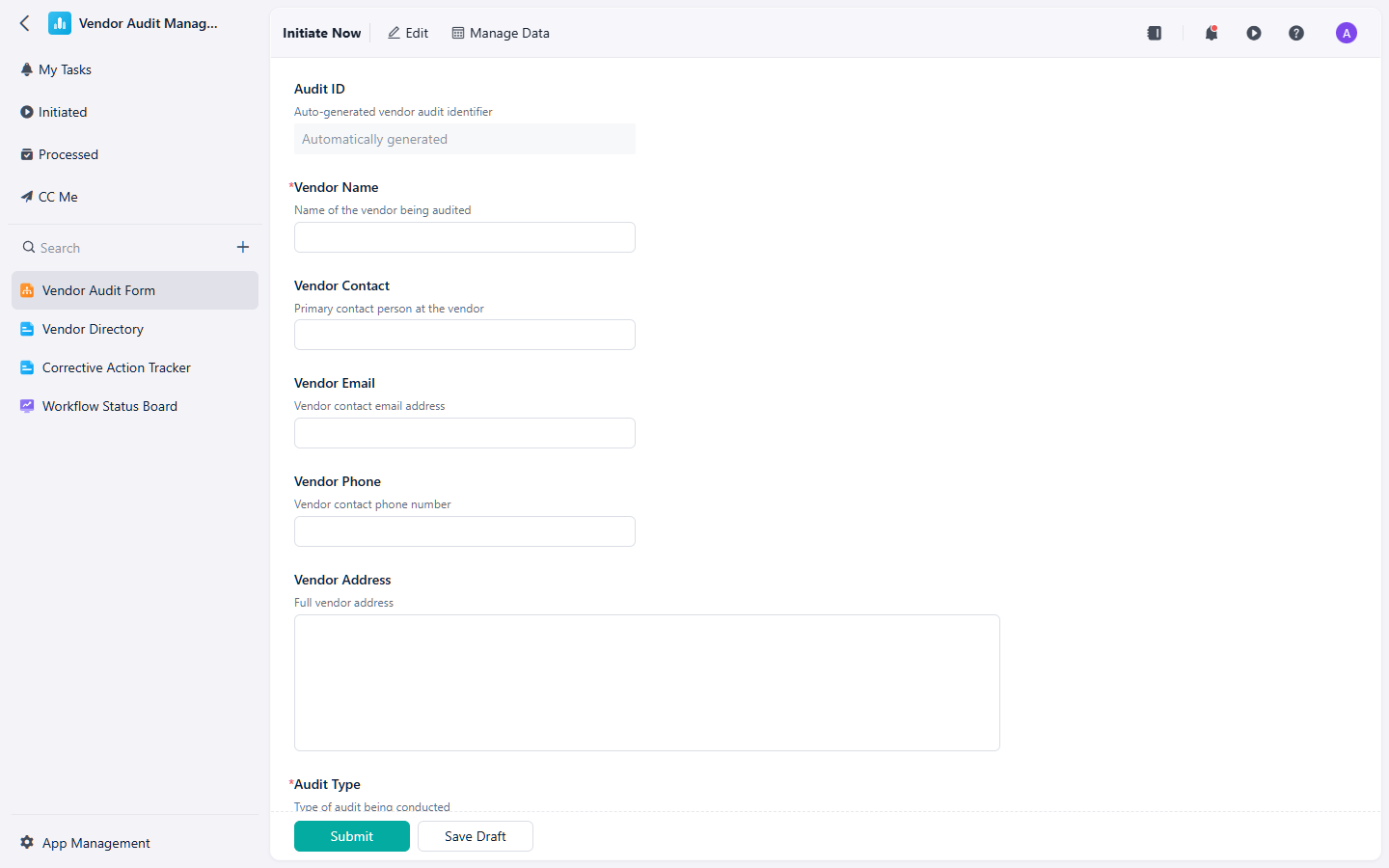 Vendor Audit Form Template | Online Intake & Tracking
