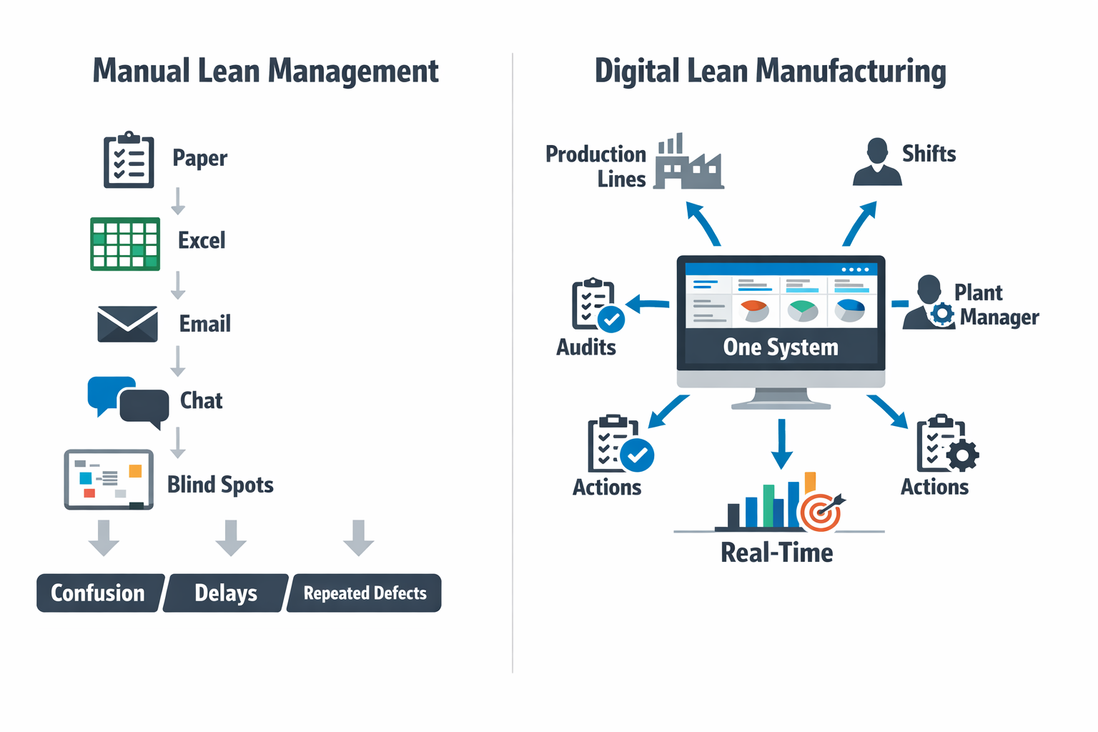 Infographic showing manual paper and spreadsheet lean systems versus connected lean manufacturing software