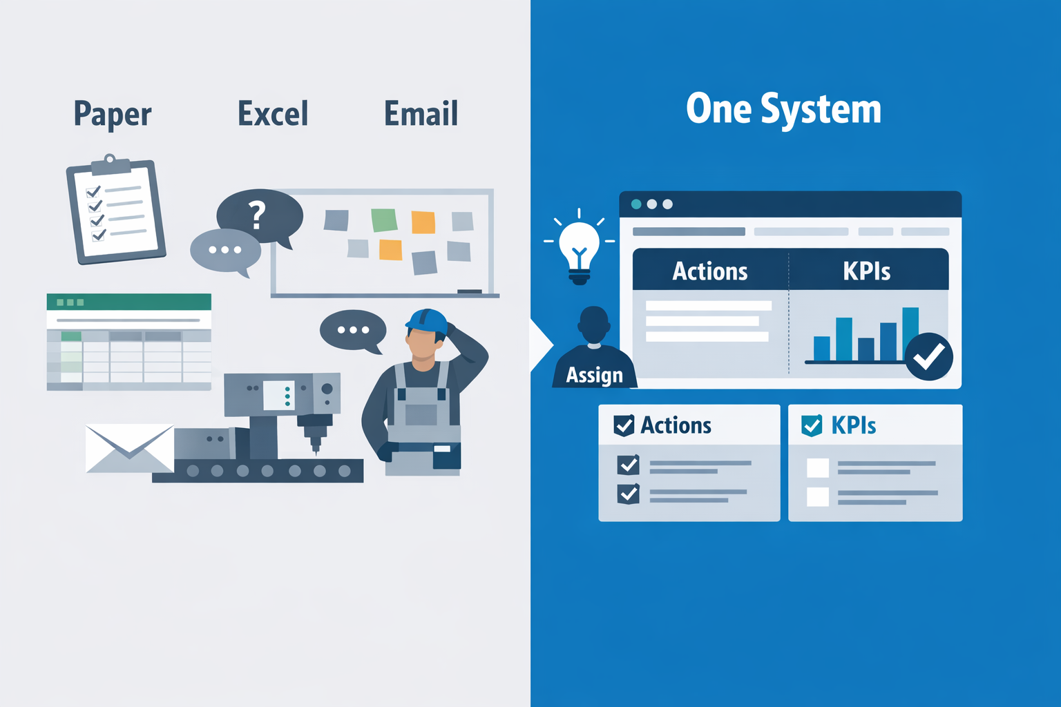 Kaizen software infographic showing shift from paper and spreadsheets to a centralized continuous improvement system in manufacturing