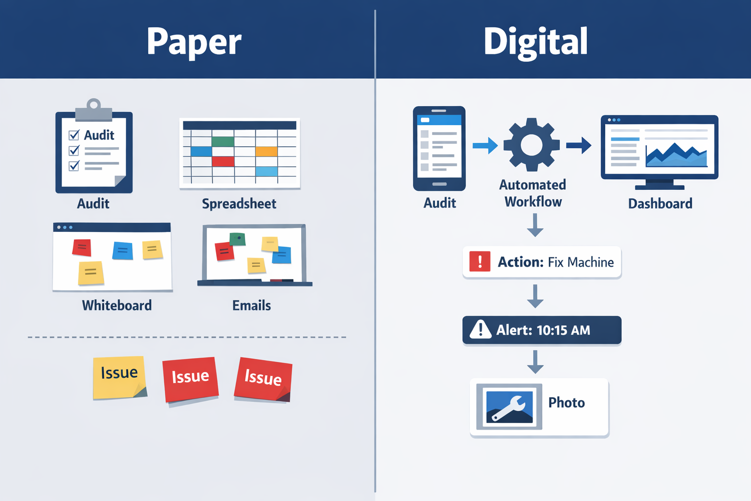 Lean manufacturing digitalization comparison between paper-based lean tools and connected digital workflows