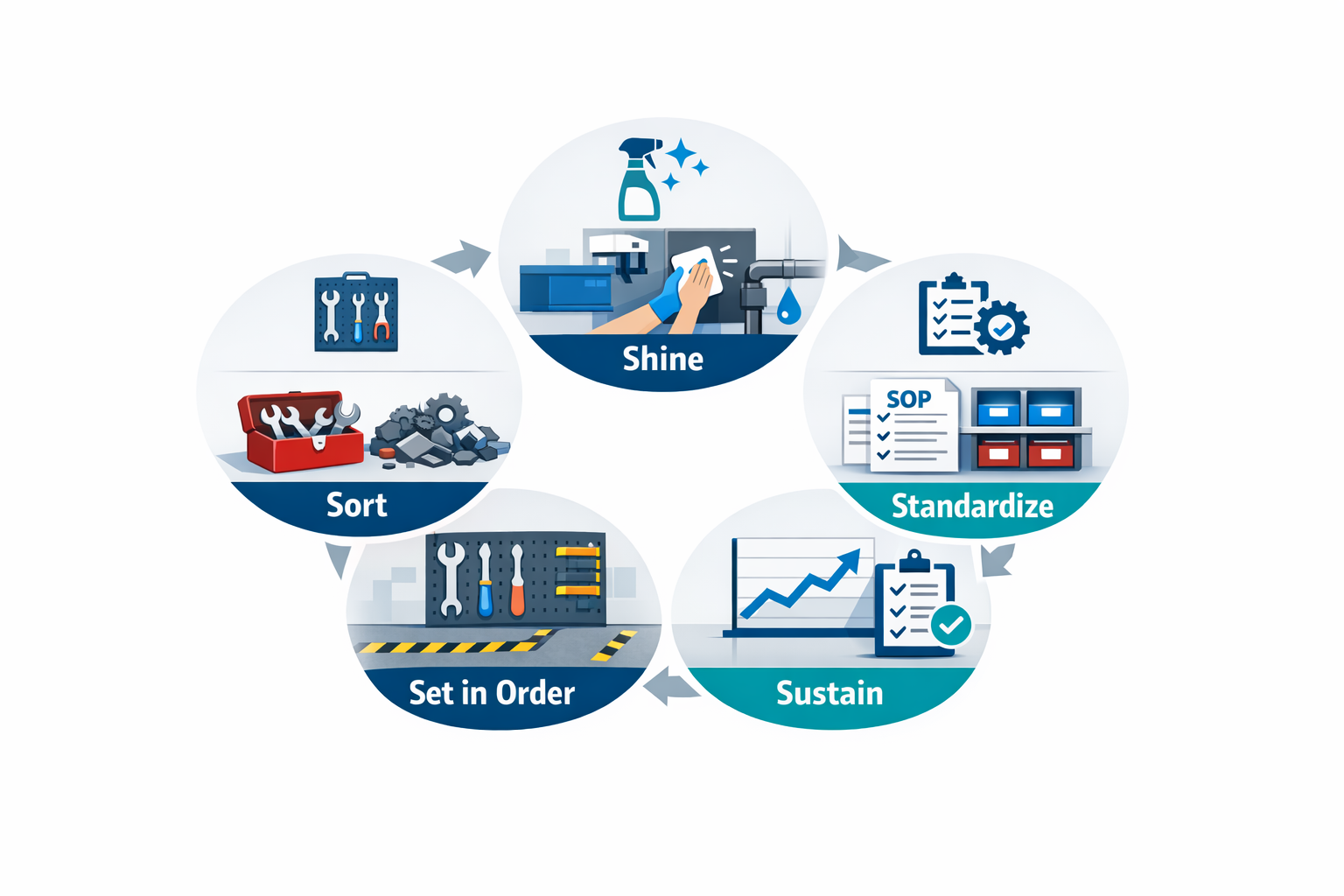 5S pillars infographic showing Sort Set in Order Shine Standardize and Sustain in manufacturing audits
