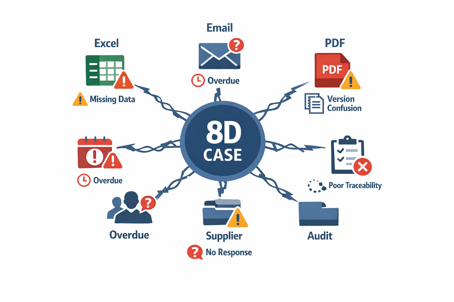 Infographic showing common pain points of spreadsheet-based 8D report software