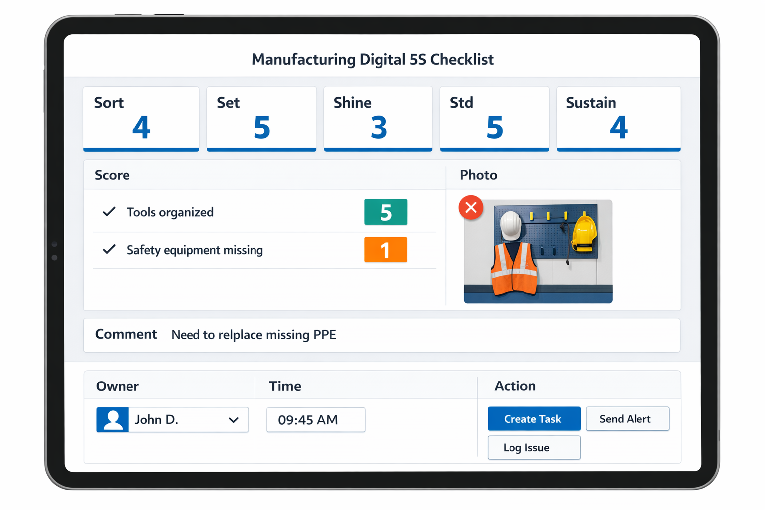 Digital 5S checklist software interface showing scoring evidence owner and corrective action fields
