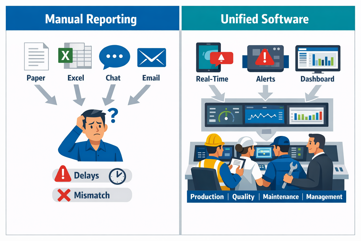 Infographic comparing manual fragmented reporting with real-time production reporting software in manufacturing