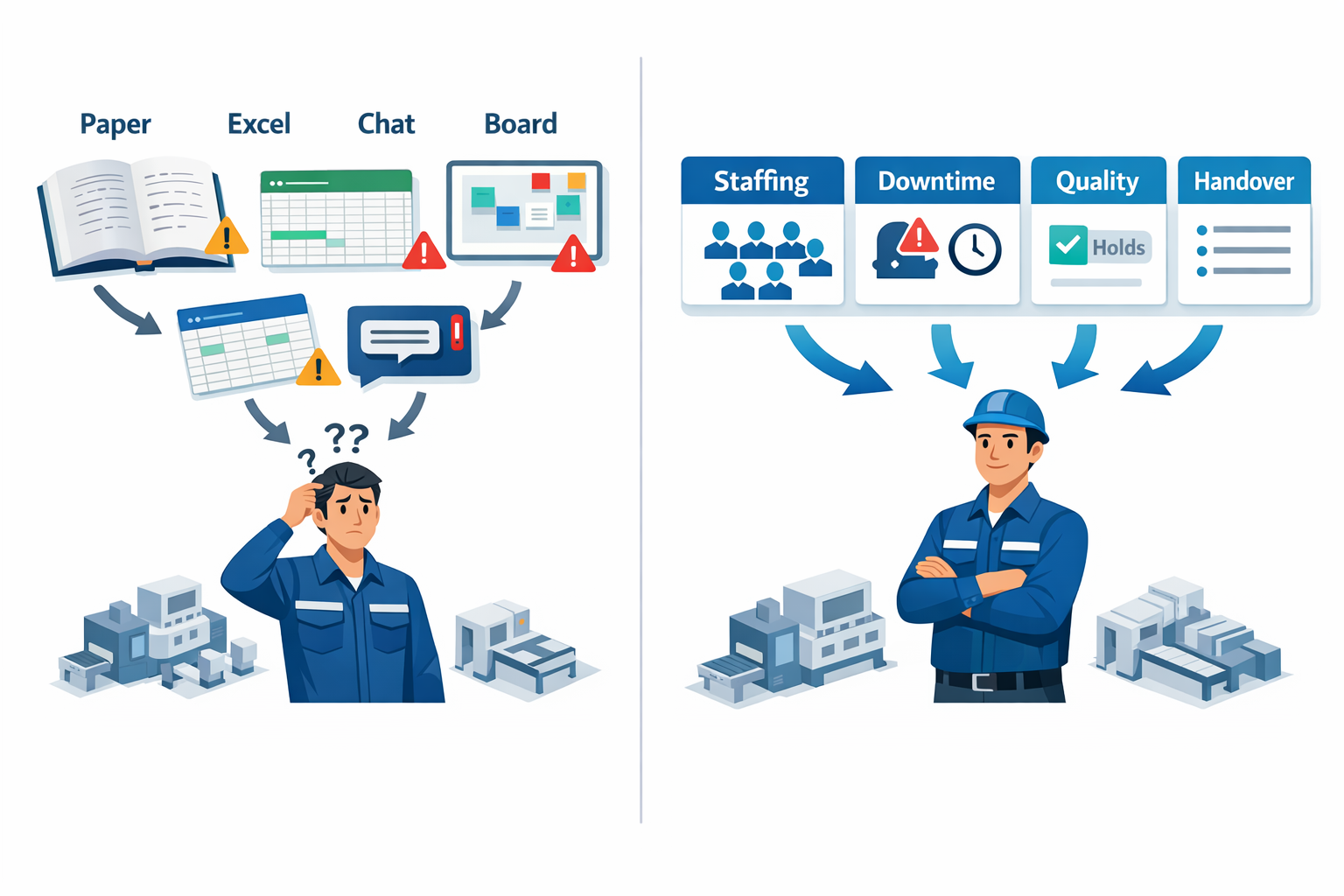 Unified shift management software dashboard replacing paper Excel chat and whiteboards in manufacturing