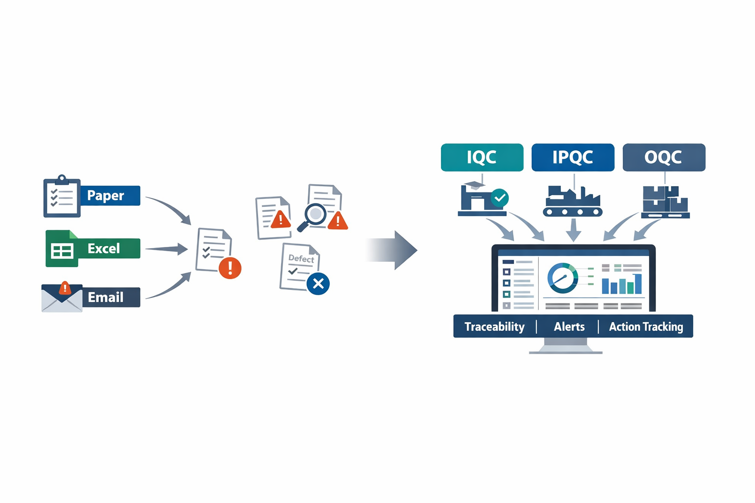 Connected IQC IPQC OQC workflow in quality management software for manufacturing