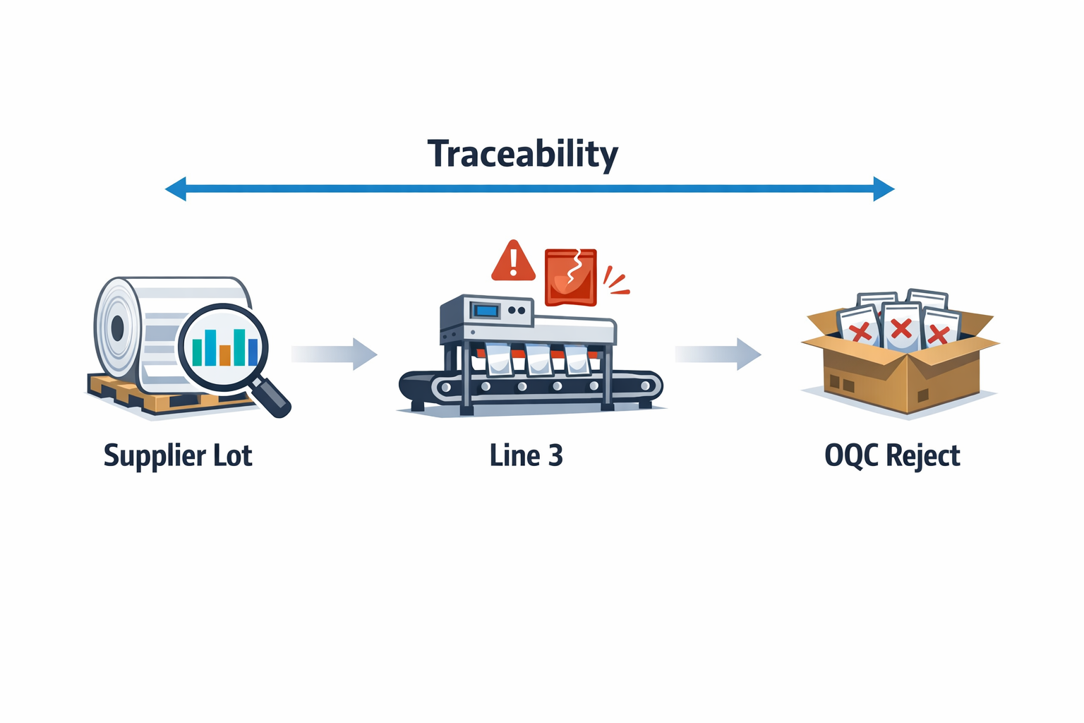 Manufacturing quality traceability from supplier lot to process defect to outgoing reject