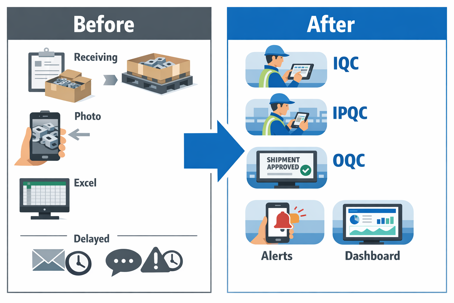 Before and after digital quality control workflow in a manufacturing factory