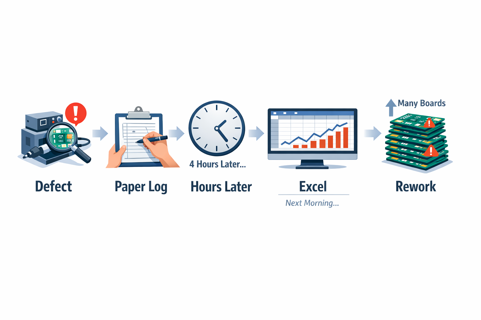 Electronics assembly defect escalation timeline showing delayed paper reporting and resulting rework in lean manufacturing