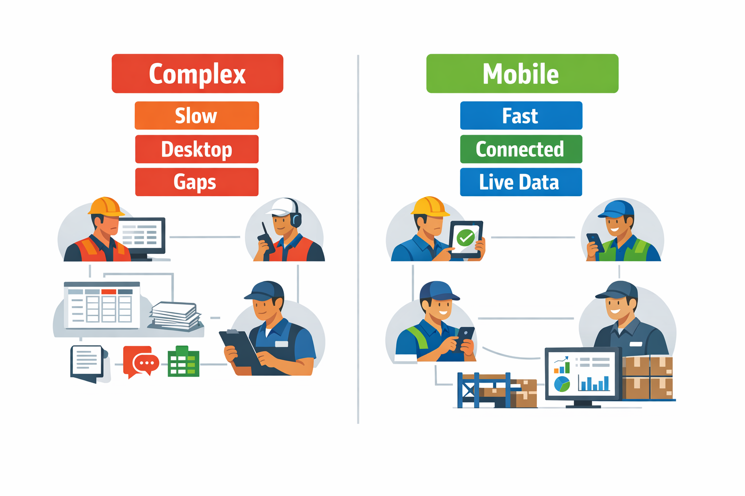 Comparison of overbuilt CMMS software versus a right-sized mobile maintenance management workflow for factories