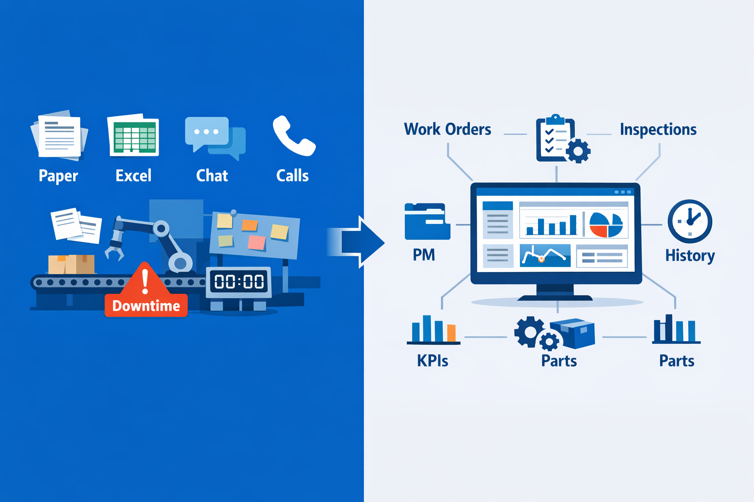 Centralized maintenance management system infographic replacing paper, spreadsheets, and chat-based factory maintenance tracking