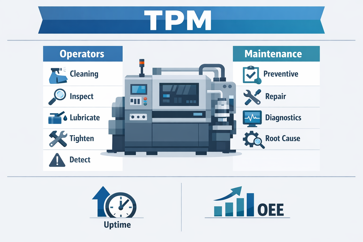 Autonomous maintenance infographic showing operator tasks versus maintenance technician responsibilities in TPM