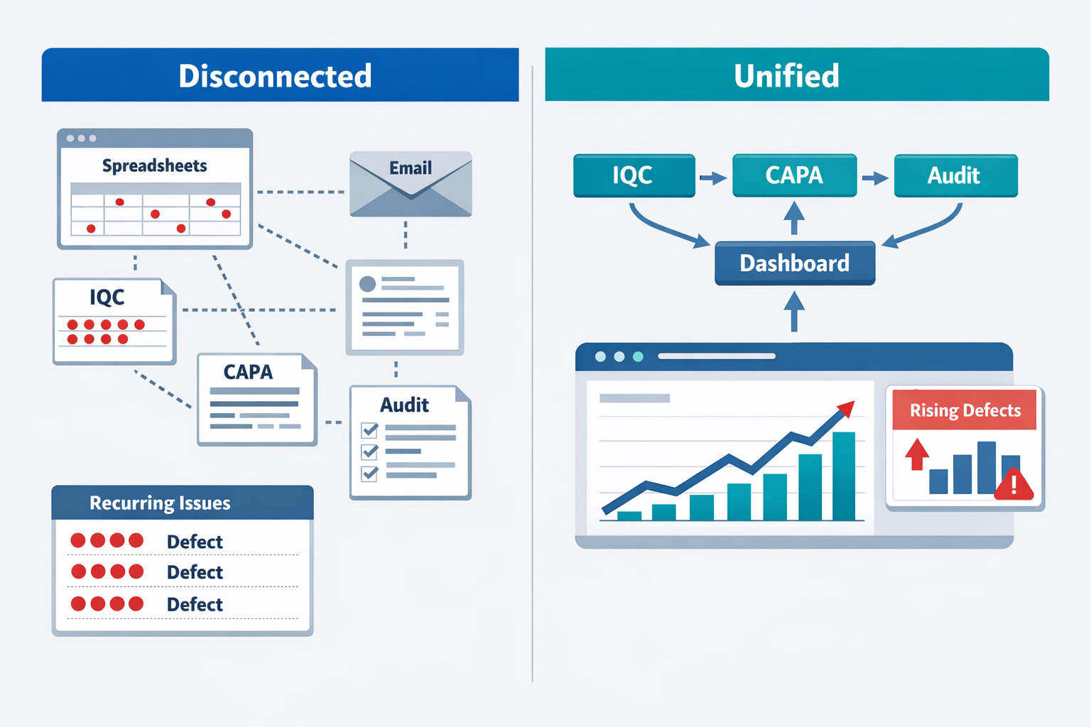 Comparison of disconnected spreadsheets versus unified supplier quality management system