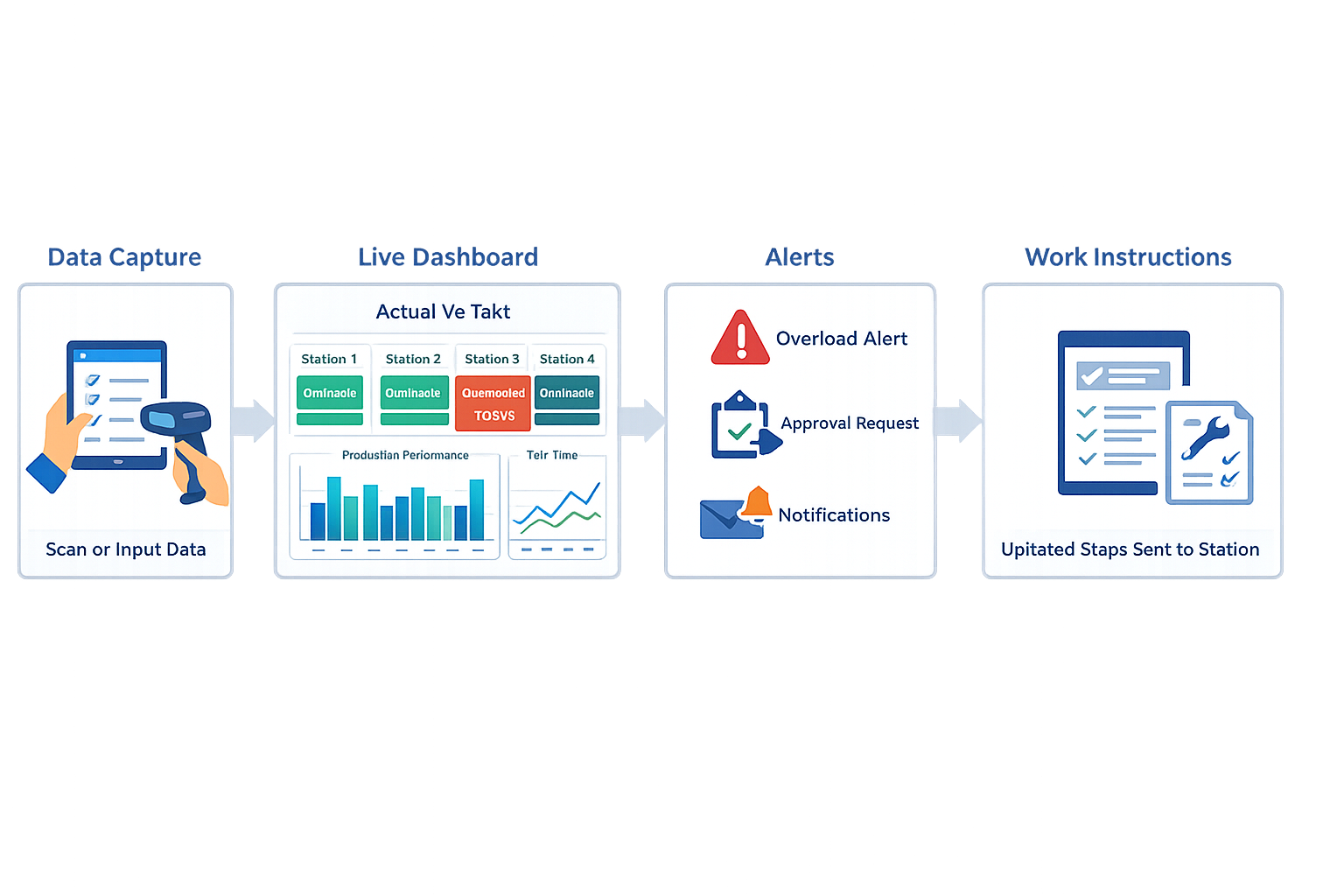 Digital line balancing workflow showing station data capture, live dashboard alerts, and updated work instructions