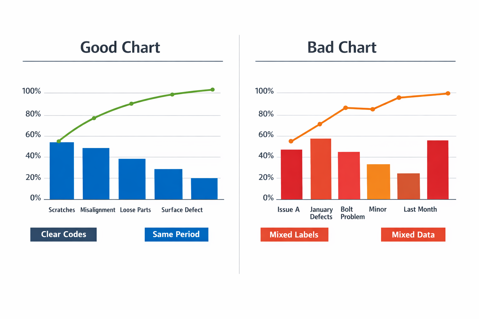 Comparison of a good Pareto chart versus a misleading Pareto chart in manufacturing quality