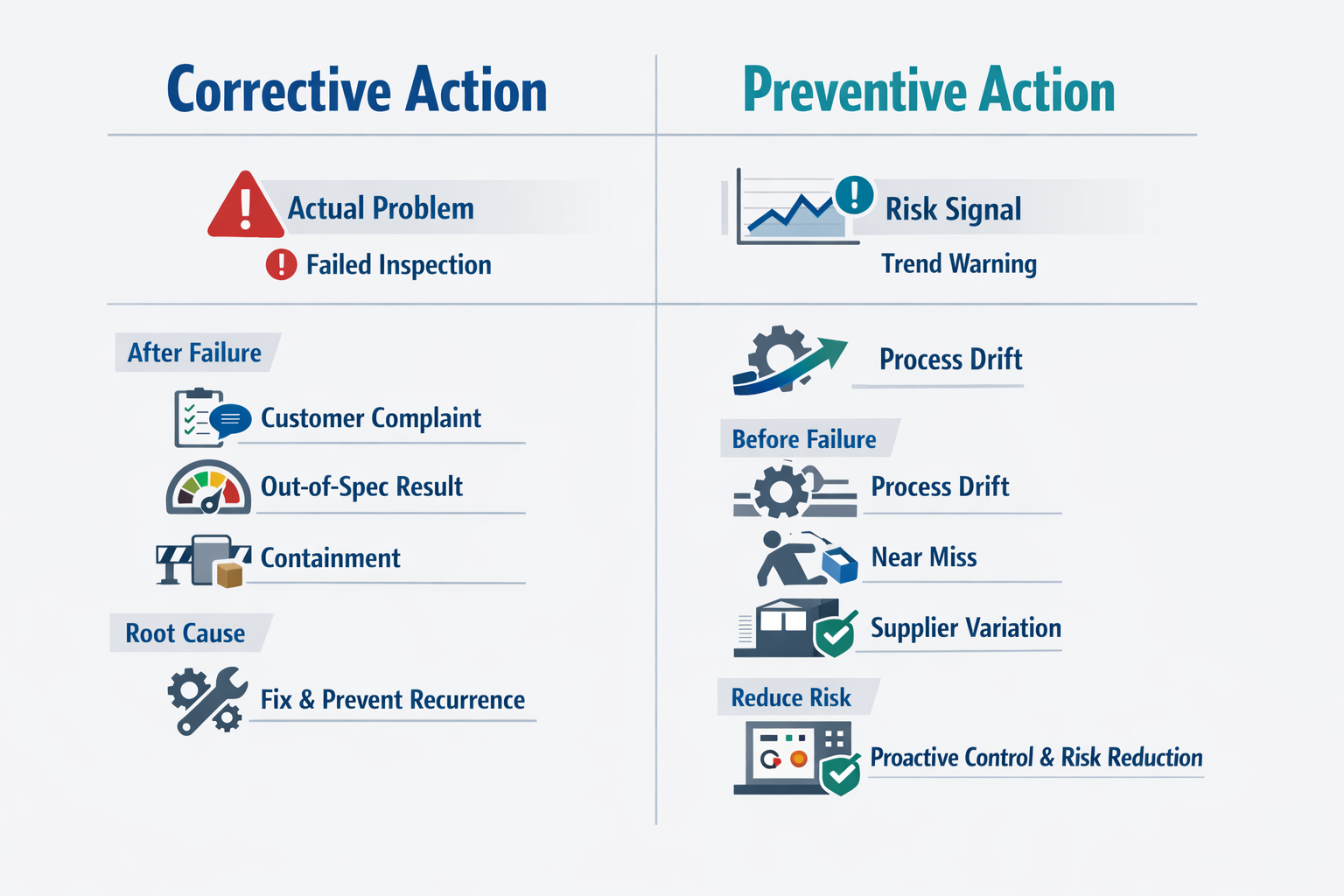 Side-by-side comparison infographic of corrective action and preventive action in manufacturing CAPA