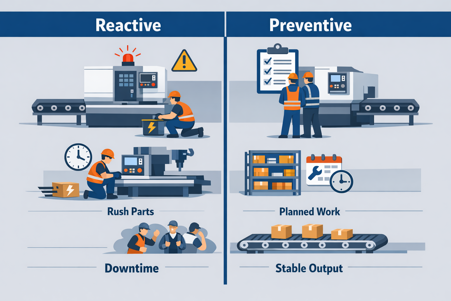 Reactive vs preventive maintenance comparison infographic for manufacturing operations