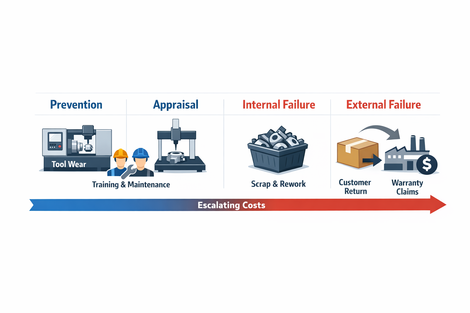 Infographic showing the four cost of quality categories in manufacturing and how a defect escalates from prevention to external failure.
