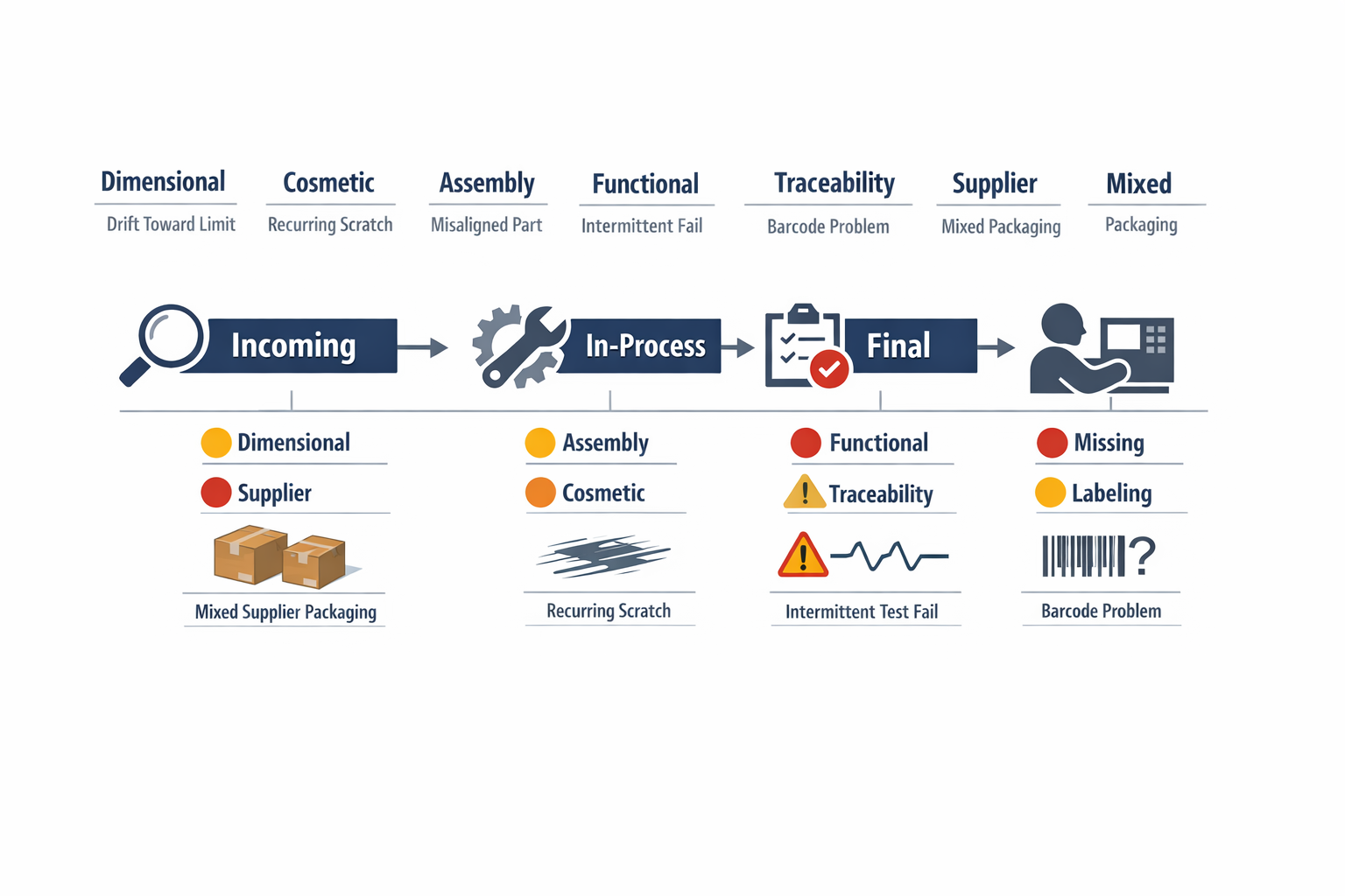 Infographic showing common manufacturing quality issue categories and early detection points across incoming, in-process, final inspection, and operator observation.