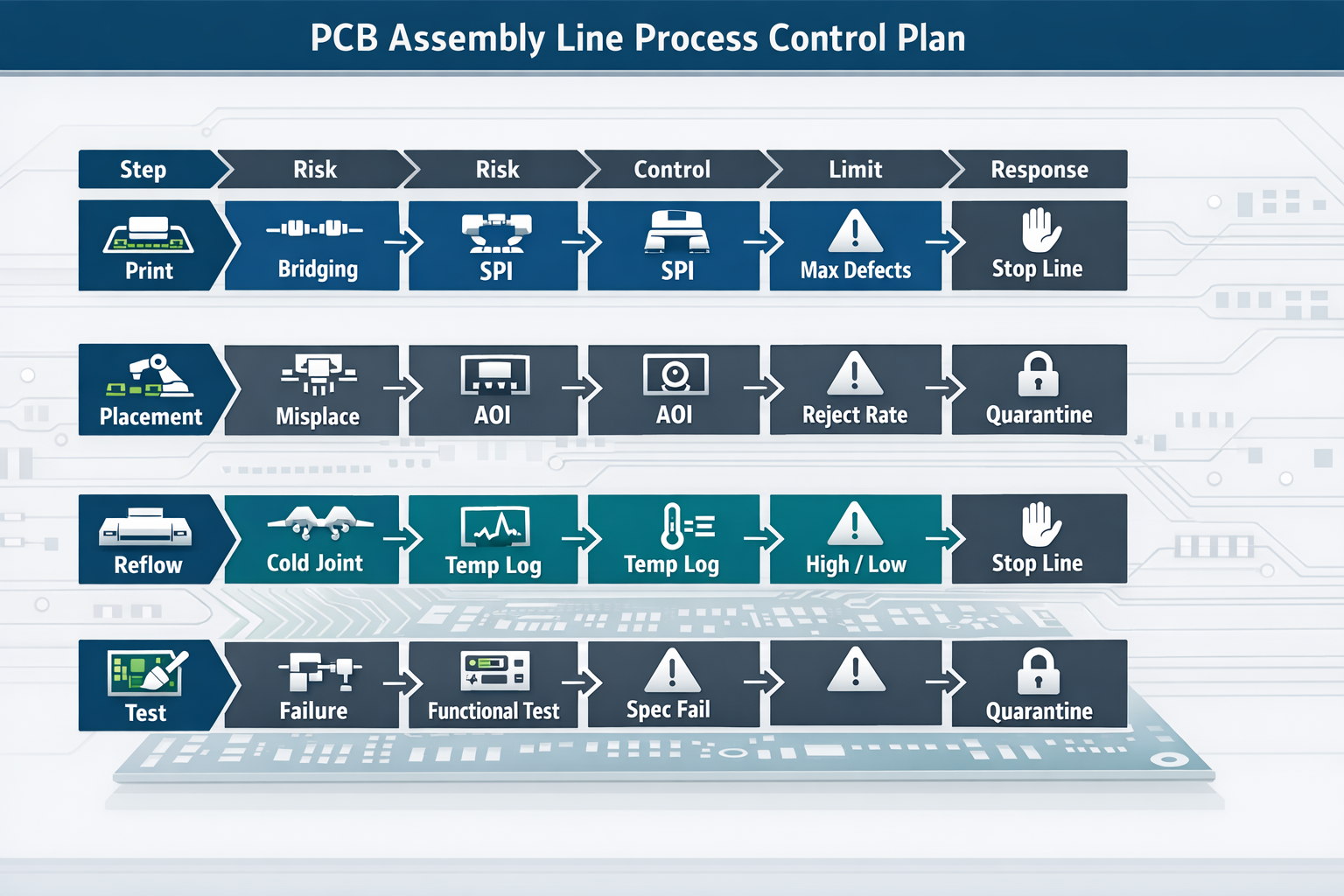 Process control plan infographic for quality by design in PCB manufacturing showing steps, risks, controls, limits, and reaction plans