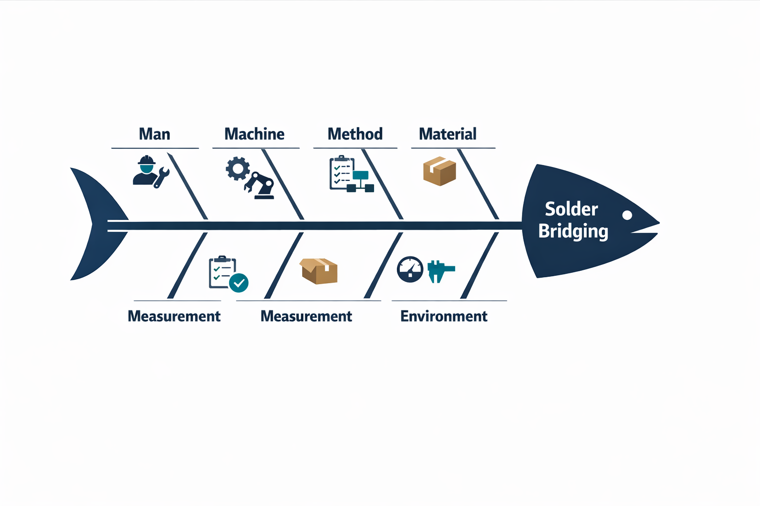 6M analysis framework fishbone diagram with Man Machine Method Material Measurement and Environment branches