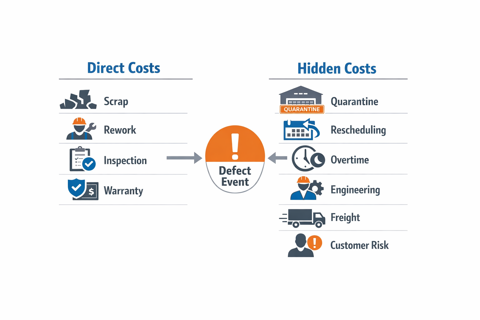 Infographic comparing direct and hidden quality costs in a manufacturing quality cost analysis.