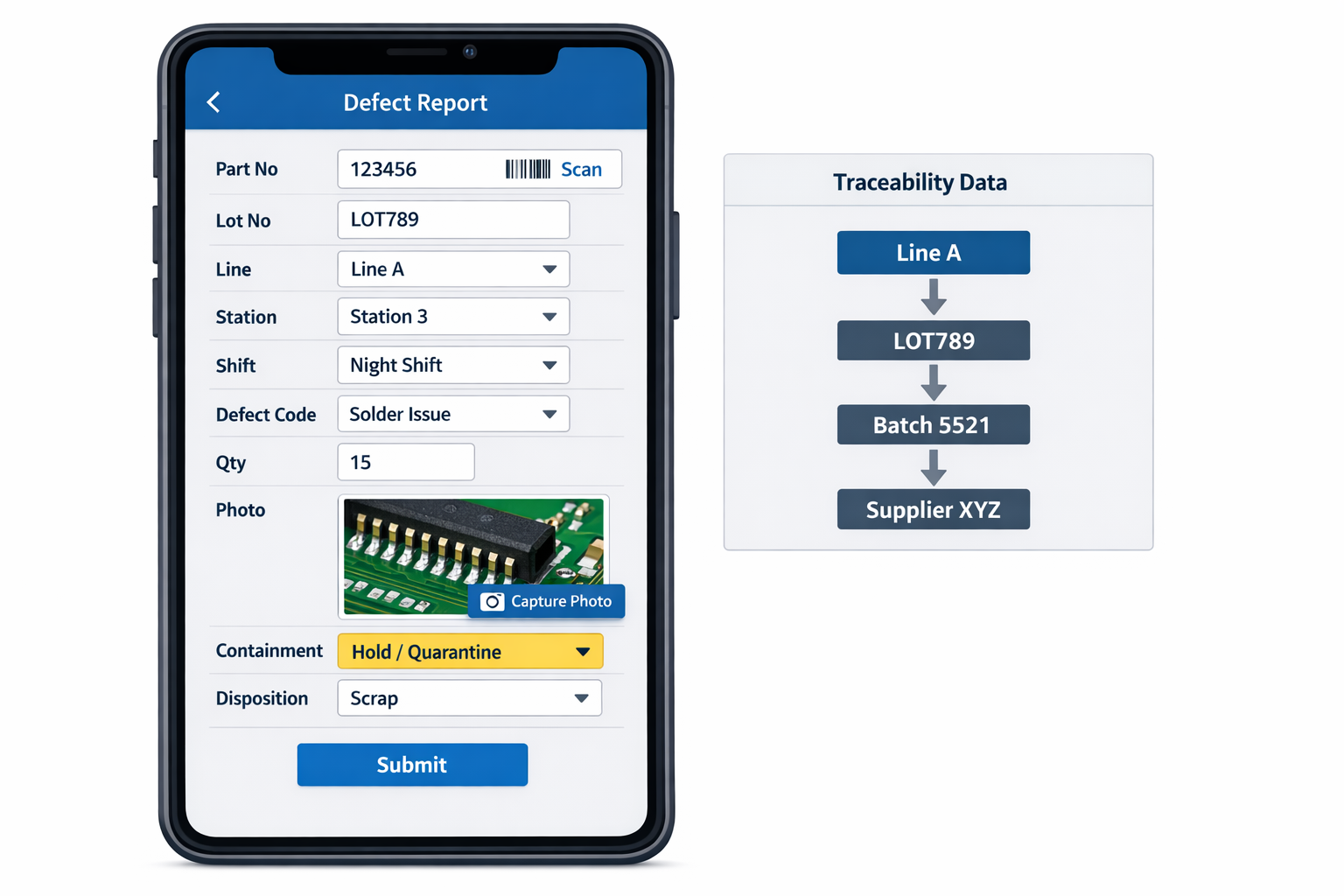 Mobile manufacturing defect reporting form showing required traceability fields for early quality issue capture.