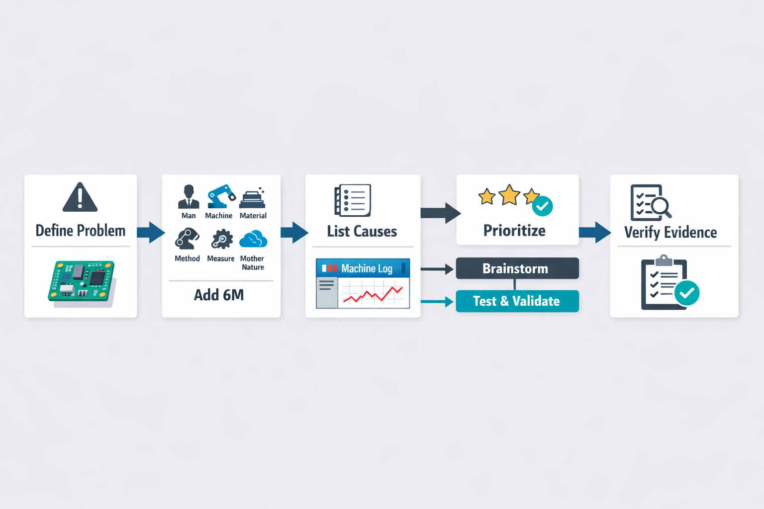 Step by step Ishikawa diagram workflow from problem statement to cause verification in manufacturing