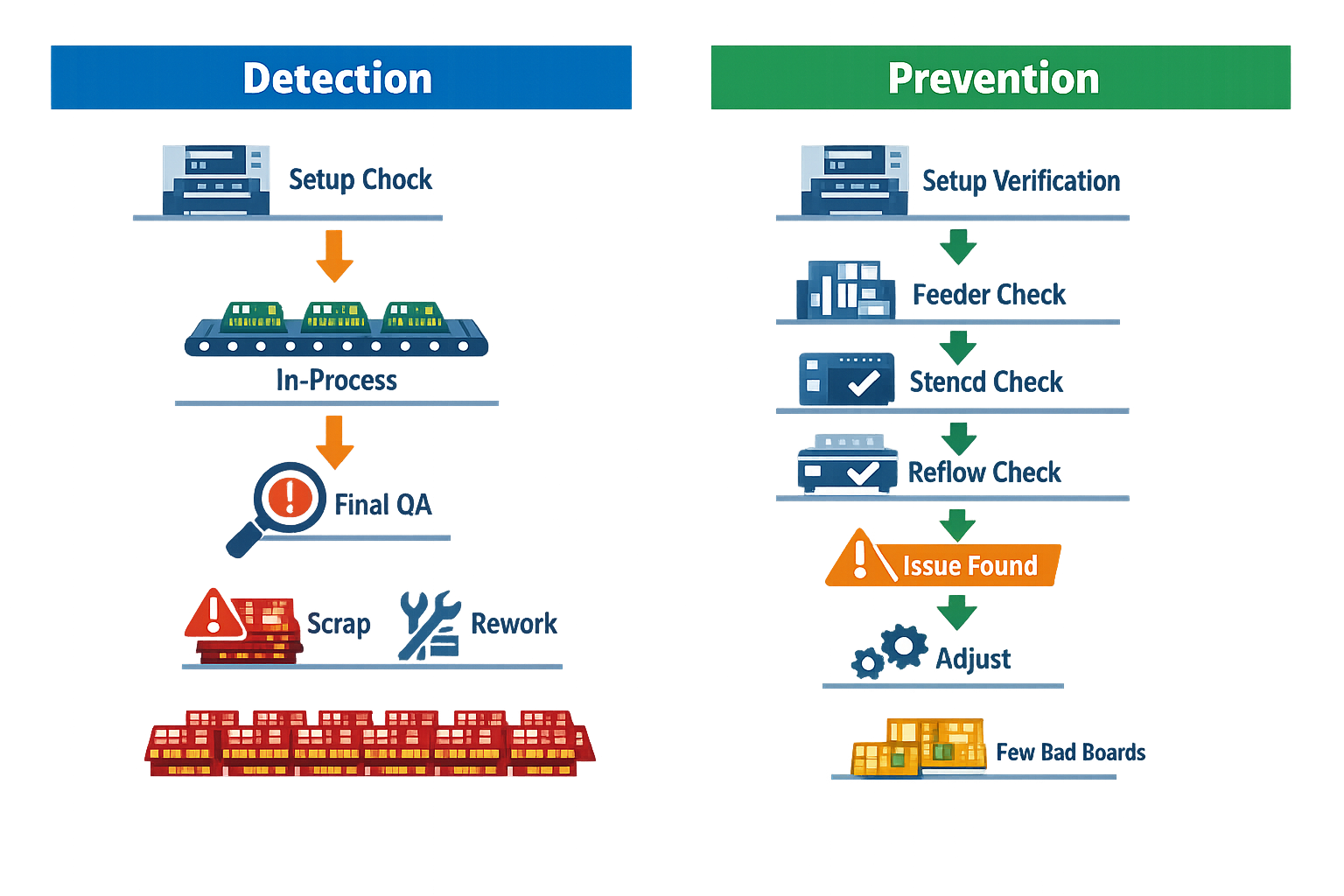 Prevention versus detection infographic for quality by design in electronics manufacturing