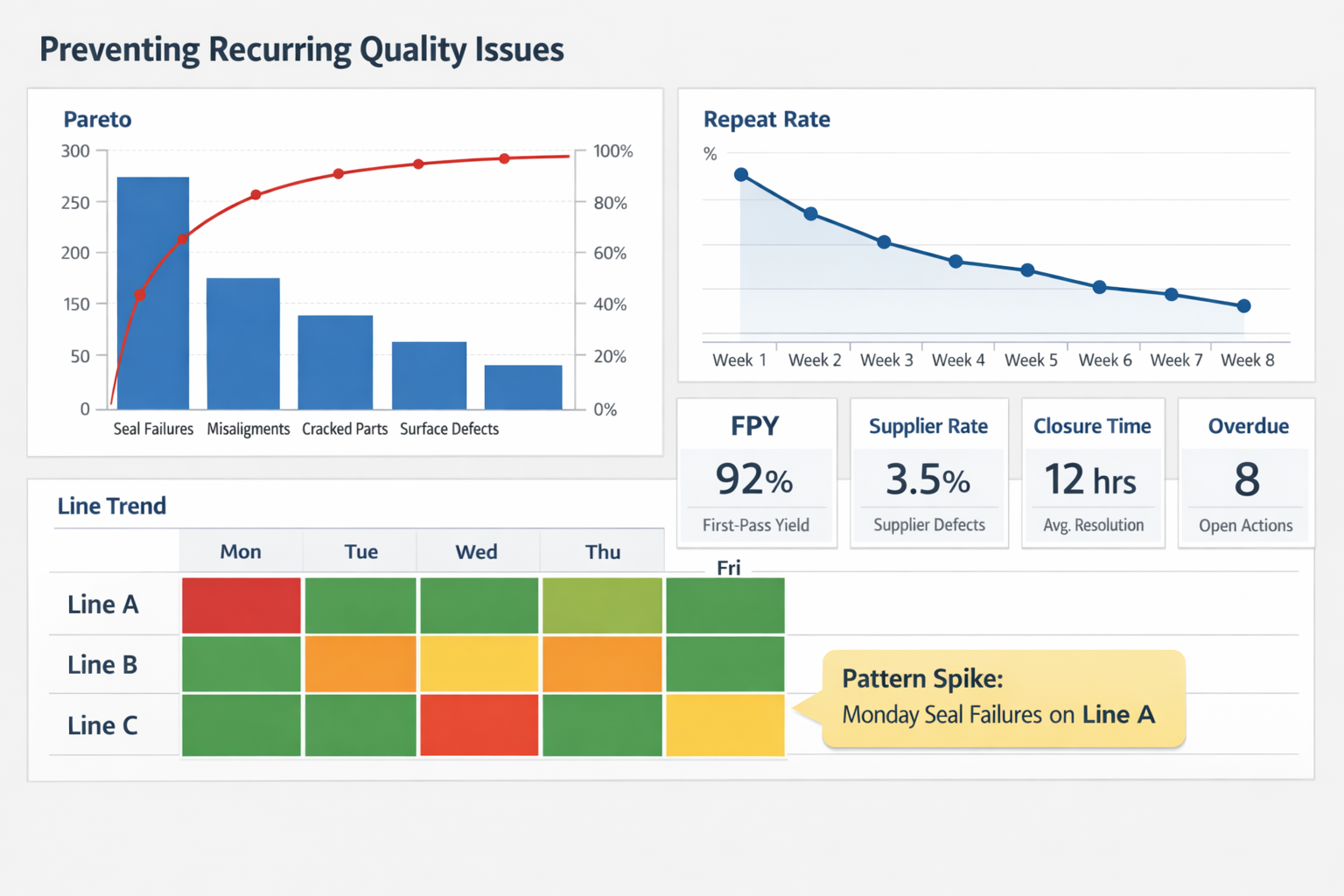 Manufacturing quality dashboard showing Pareto defects, repeat defect trends, KPIs, and overdue corrective actions for recurrence prevention.