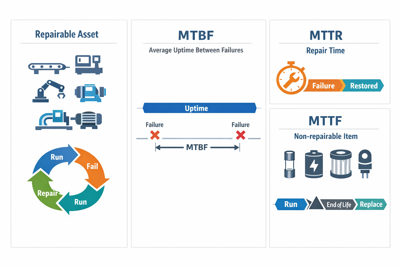 Infographic comparing MTBF, MTTR, and MTTF for repairable and non-repairable manufacturing assets