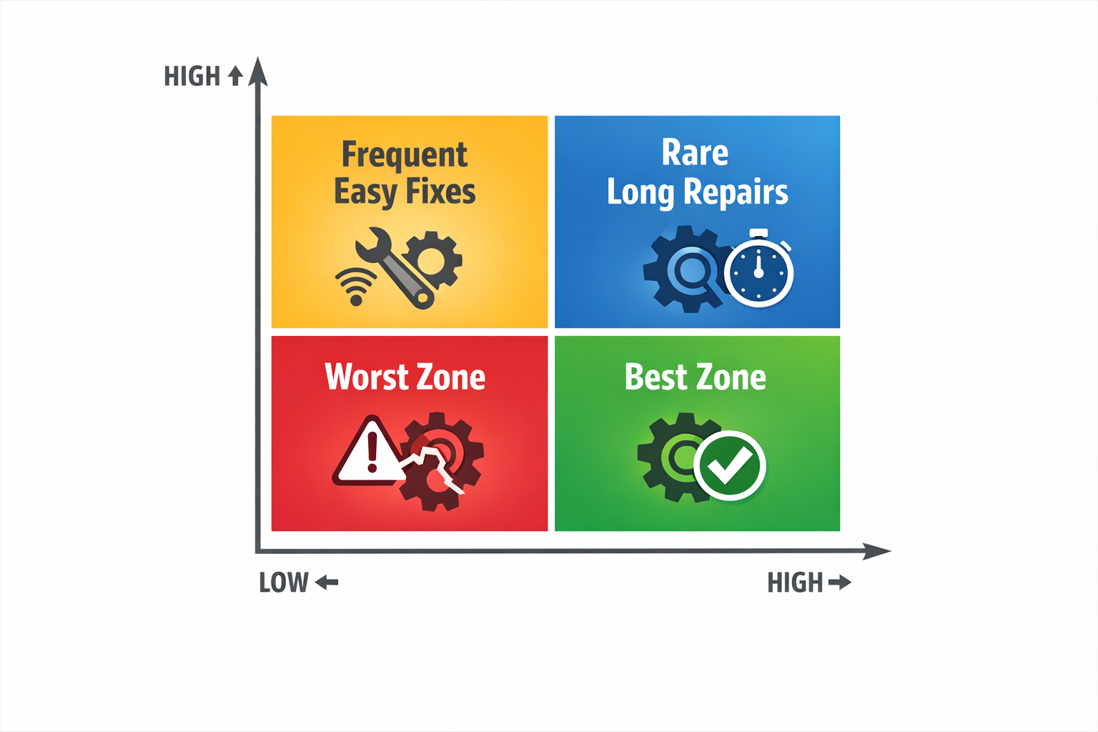2x2 matrix infographic showing how high or low MTTR and MTBF combinations affect manufacturing maintenance performance