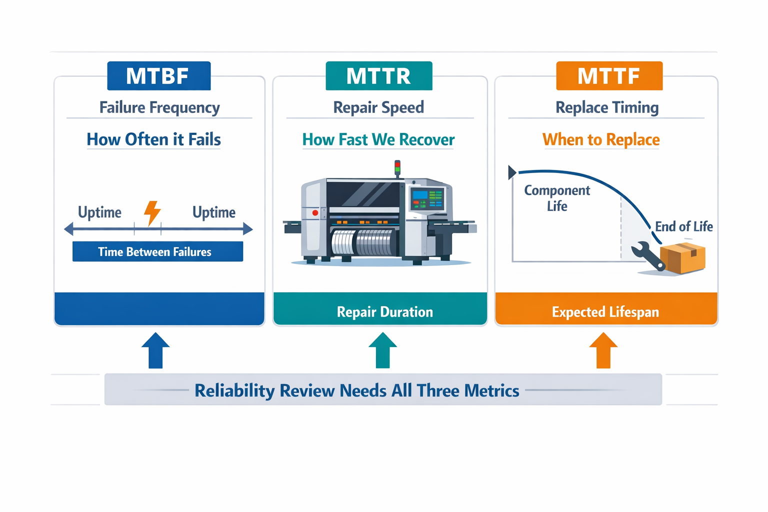 Infographic showing how MTBF, MTTR, and MTTF work together in equipment reliability analysis