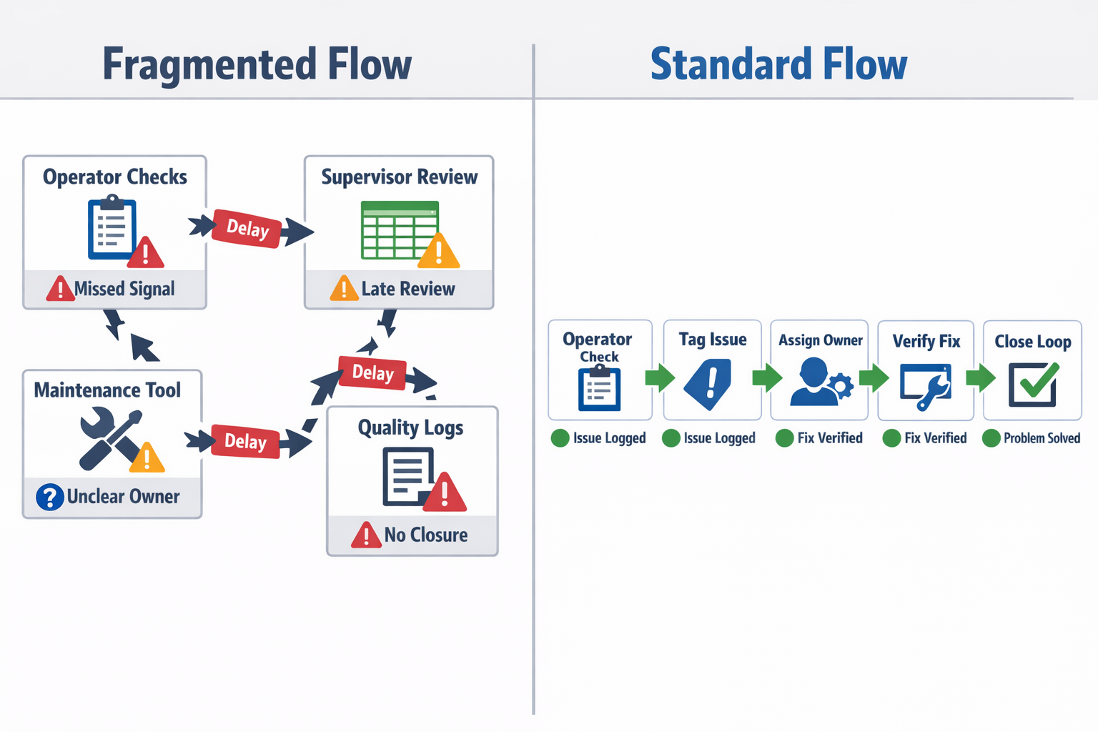 Comparison infographic of fragmented TPM processes versus a standardized execution workflow in manufacturing