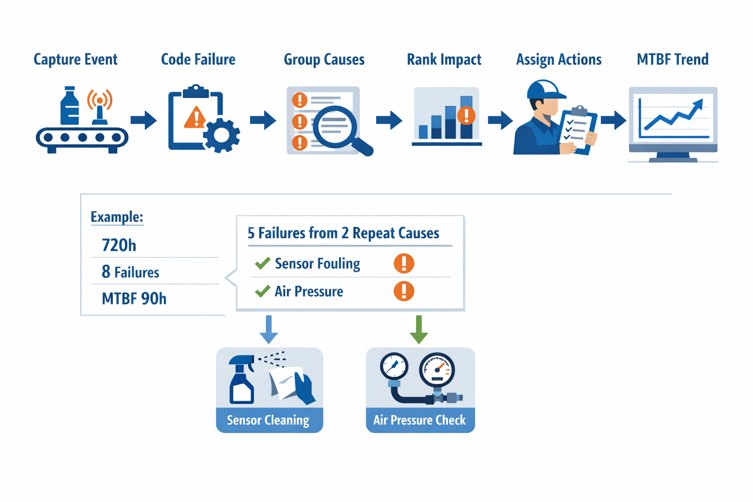 Workflow infographic showing how failure tracking and preventive maintenance improve MTBF on a packaging line