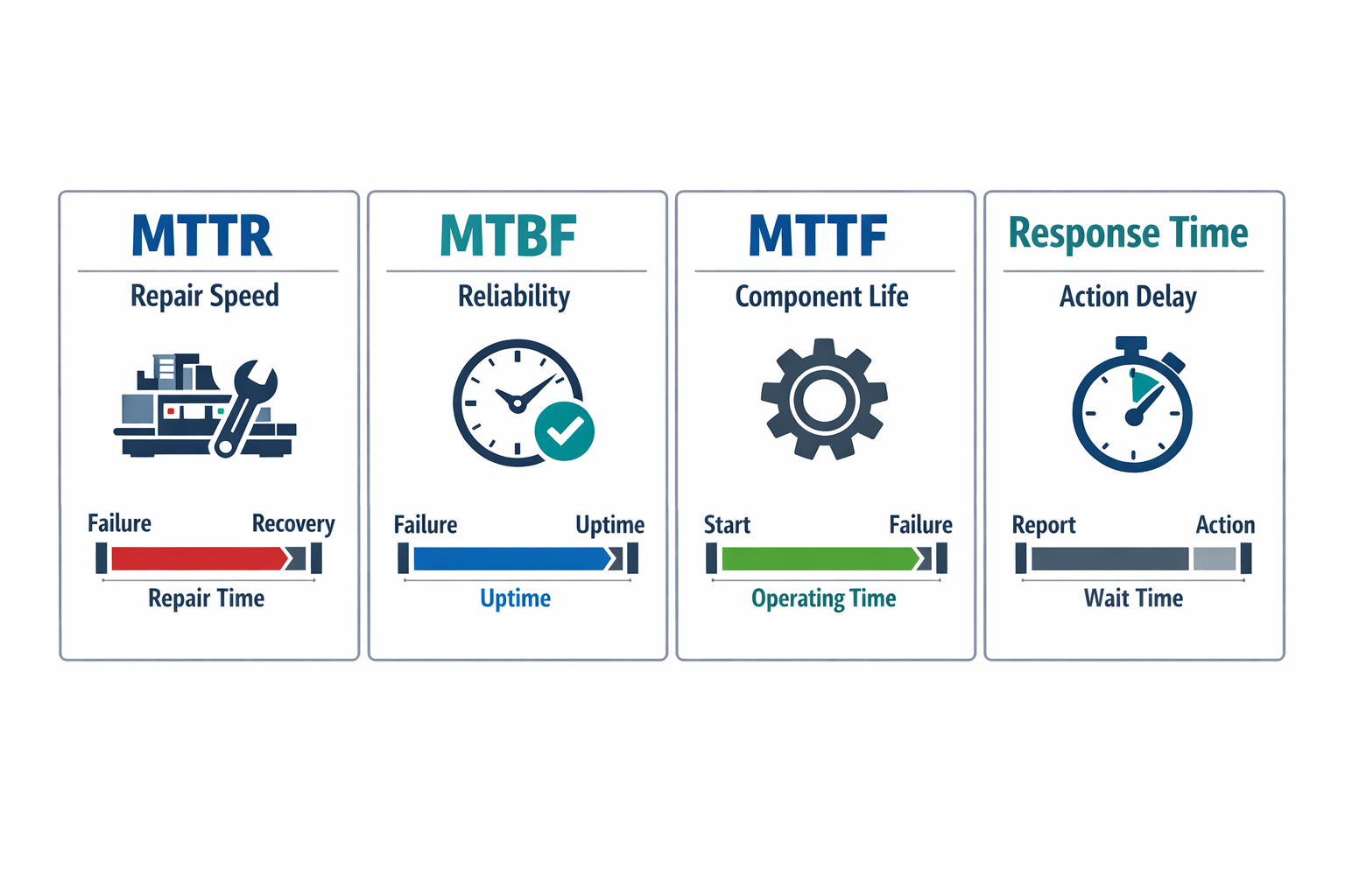 Infographic comparing MTTR, MTBF, MTTF, and maintenance response time in manufacturing