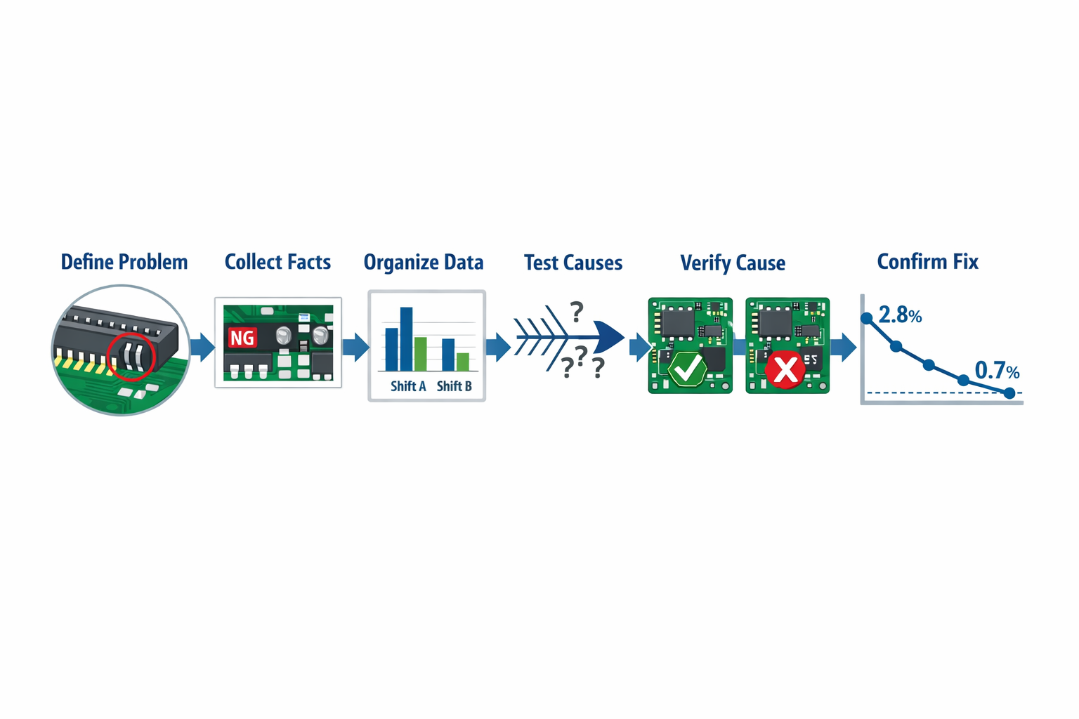 Step-by-step root cause analysis workflow in manufacturing using a PCB solder bridging defect example.