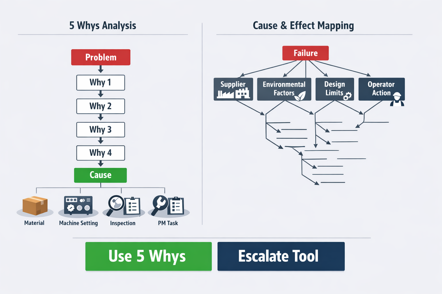 Infographic showing when why why analysis works for simple manufacturing cause chains versus when to use broader root cause tools