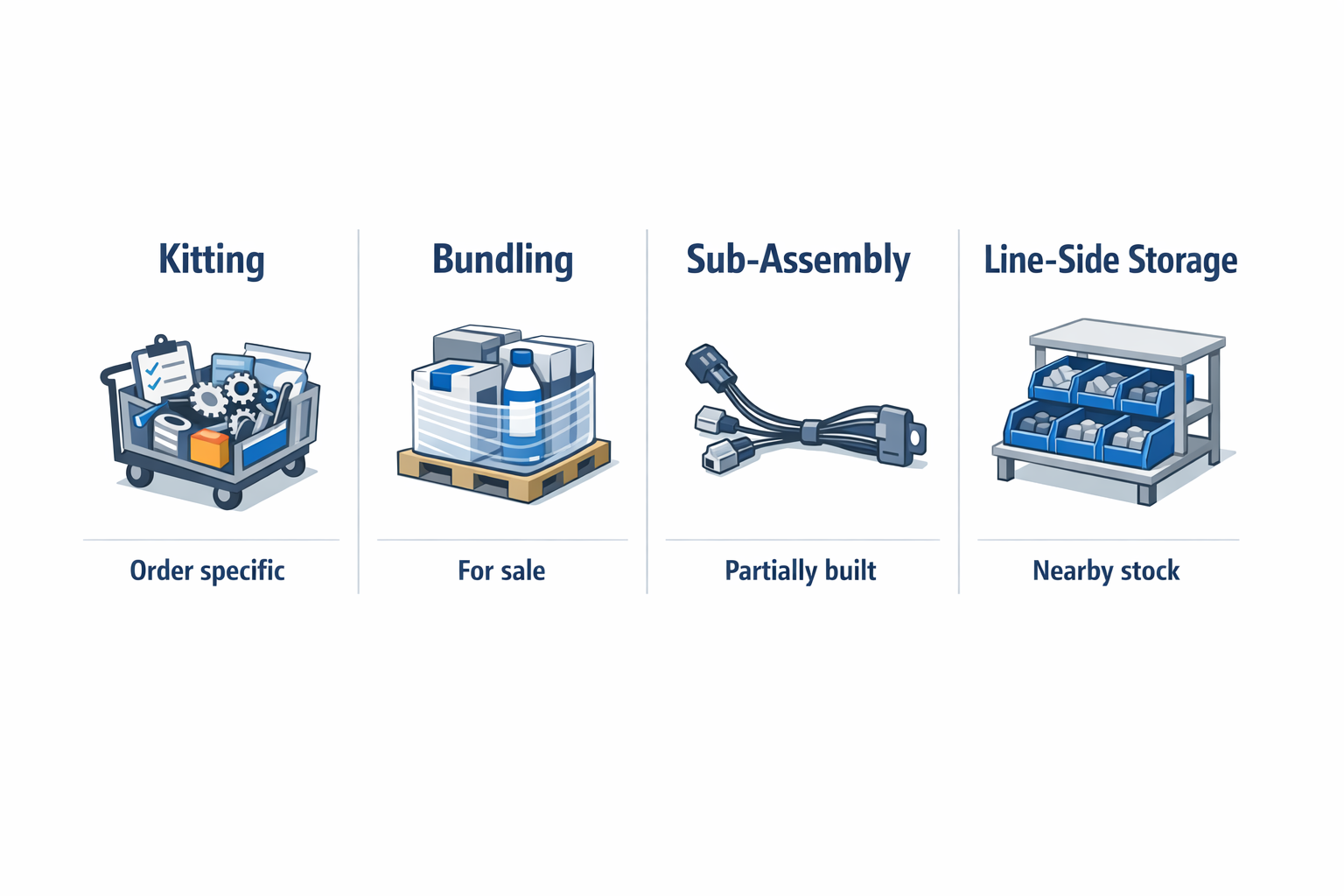 Infographic comparing kitting, bundling, sub-assembly, and line-side storage in manufacturing