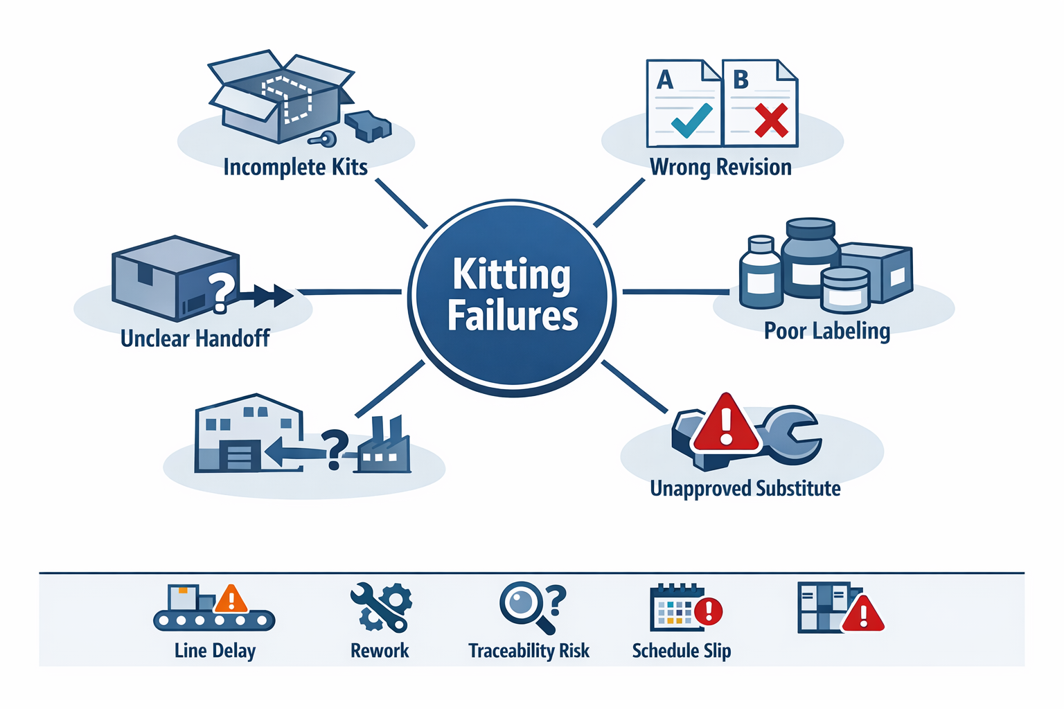 Infographic of common kitting problems that cause production delays and readiness issues