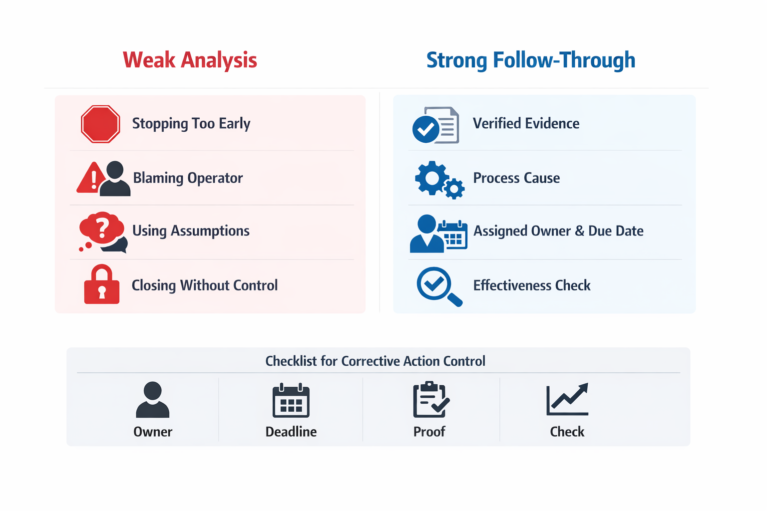 Infographic showing common why why analysis mistakes and stronger corrective action follow-through in manufacturing