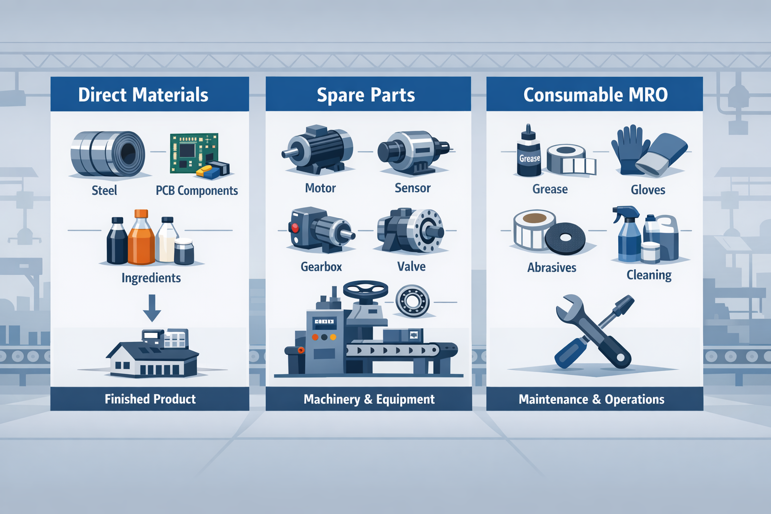 Infographic comparing direct materials, spare parts, and consumable MRO in manufacturing