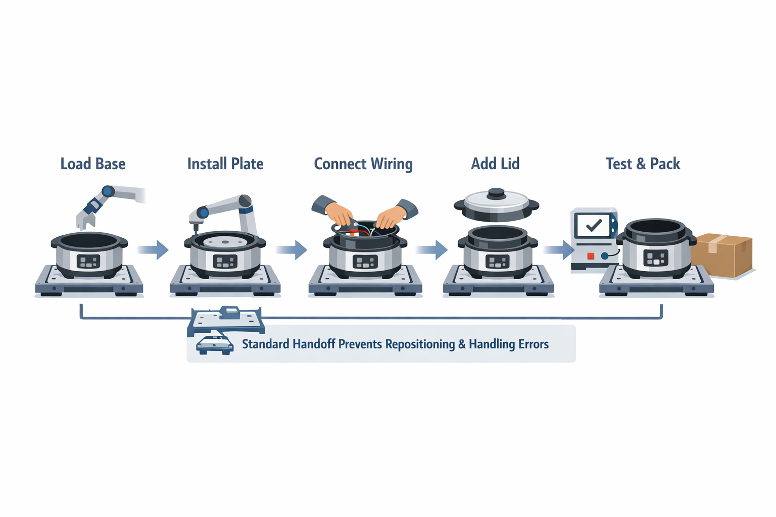 Assembly line process diagram showing rice cooker product flow through five workstations with standardized handoffs
