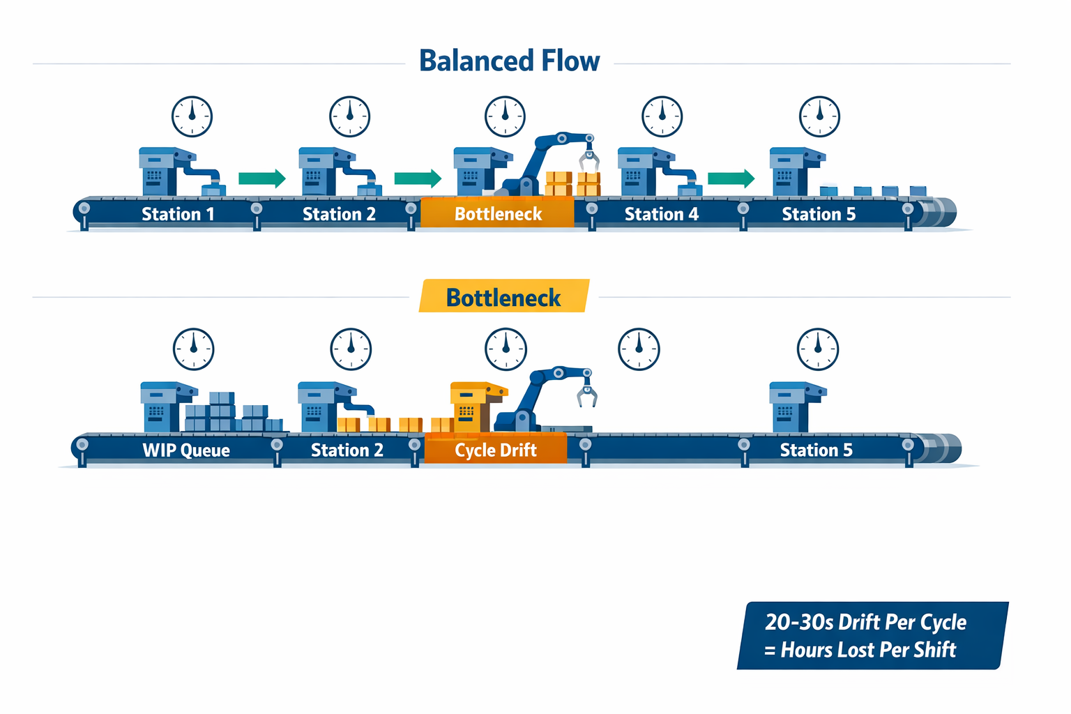 Manufacturing bottleneck infographic showing queue buildup before a slow workstation and waiting downstream stations