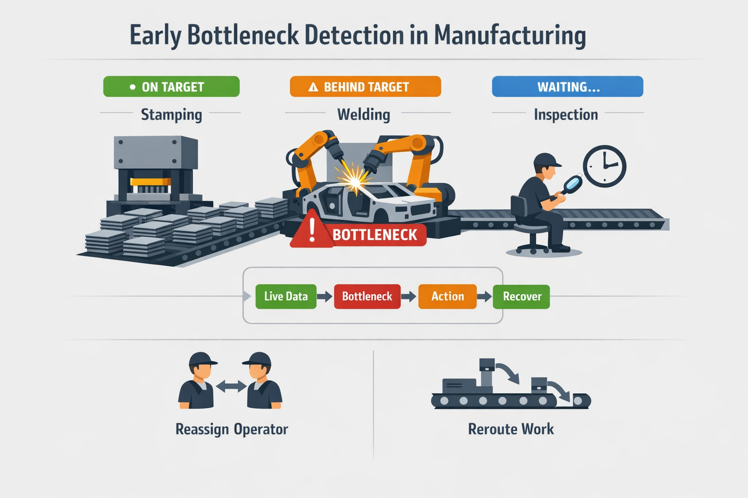 Infographic showing real-time production tracking detecting a welding bottleneck before it disrupts the full manufacturing line