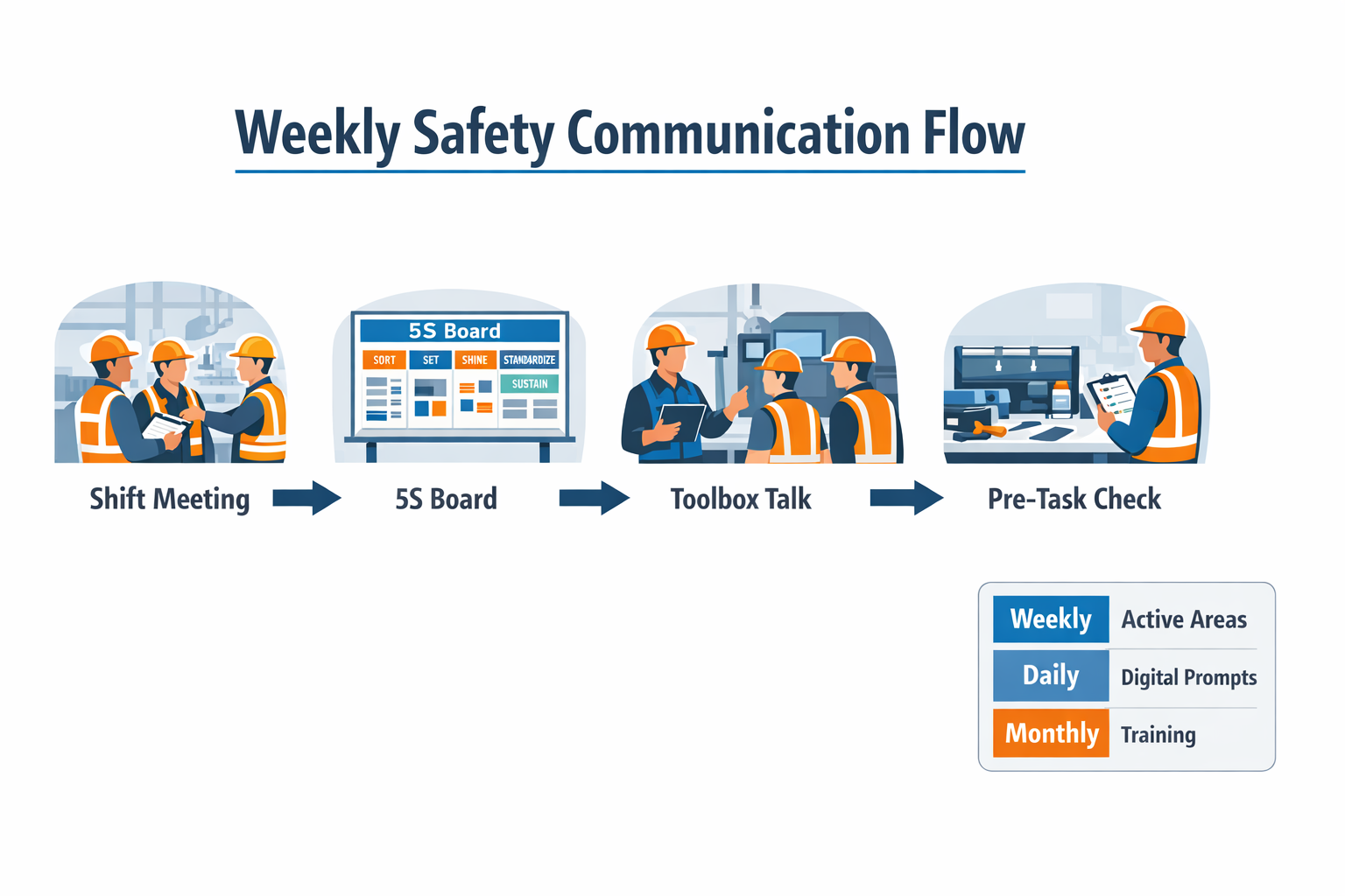 Weekly safety communication flow infographic for manufacturing teams showing shift meetings, 5S boards, toolbox talks, and pre-task checks.