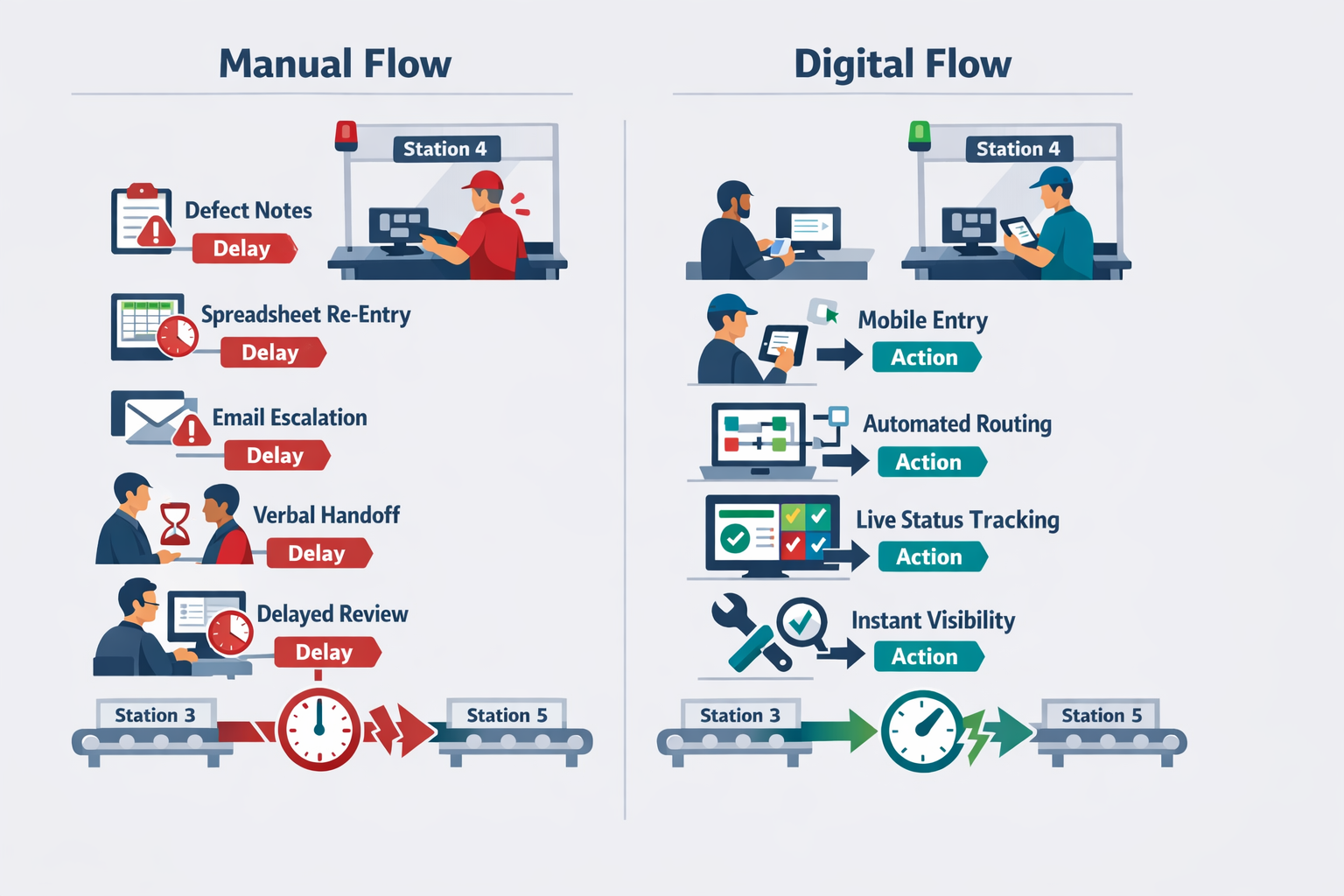 Comparison of manual shop-floor reporting versus connected digital execution in a smart factory