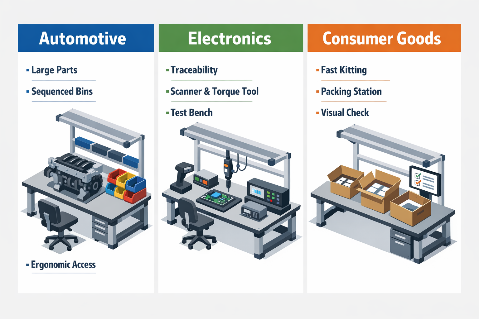 Comparison infographic of automotive, electronics, and consumer goods assembly line workstation designs